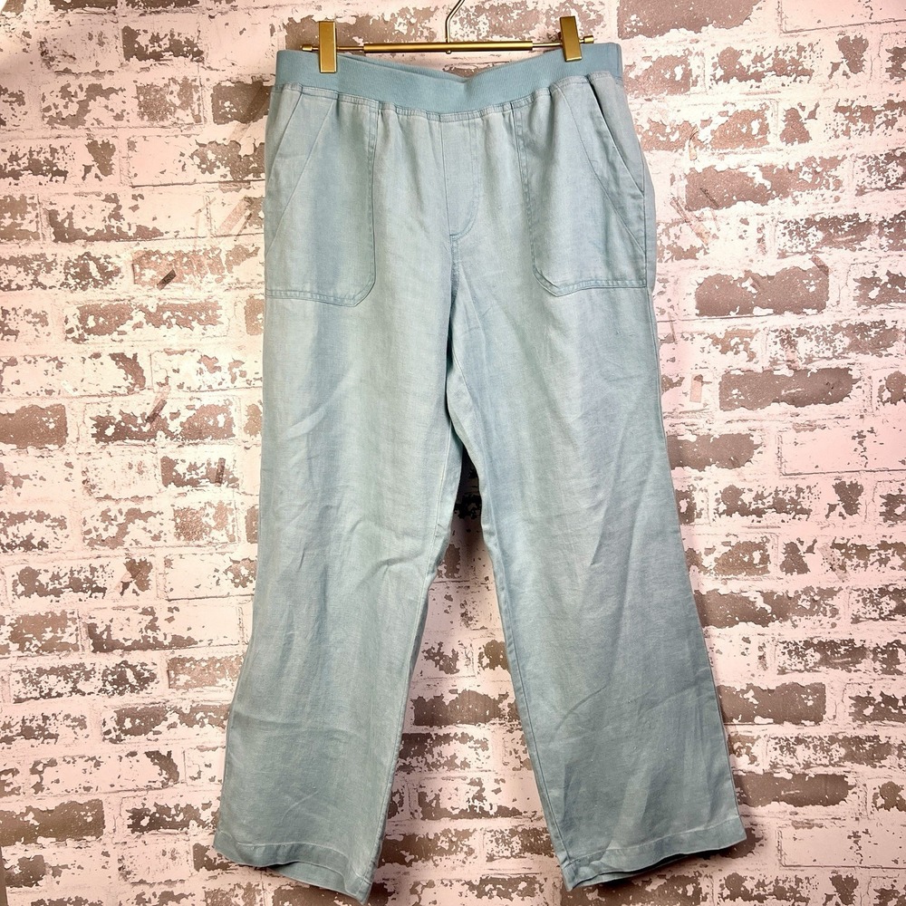 Coldwater Creek Linen Pants Sz 10 Aqua Blue Stretch Waist Wide Leg Thin Beachy